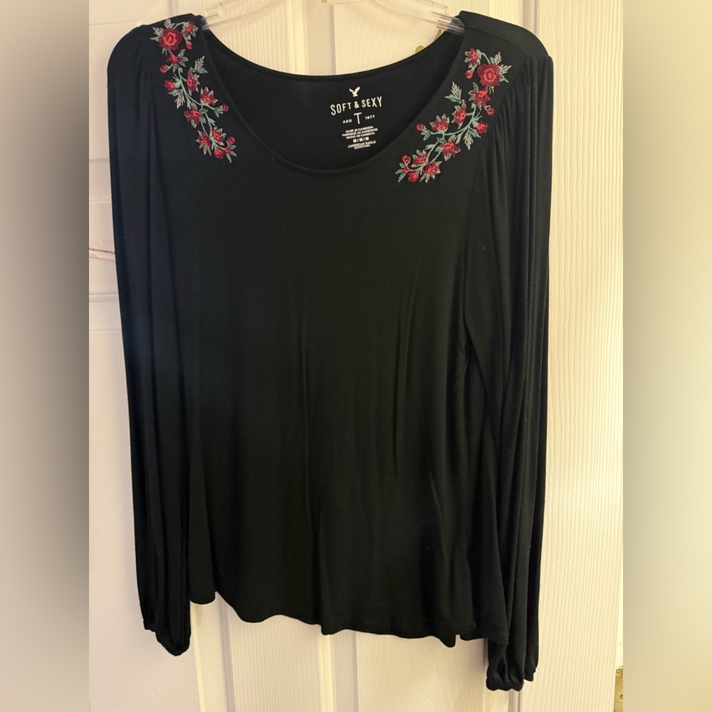 American Eagle Outfitters Black Long Sleeve Top with Floral Embroidery